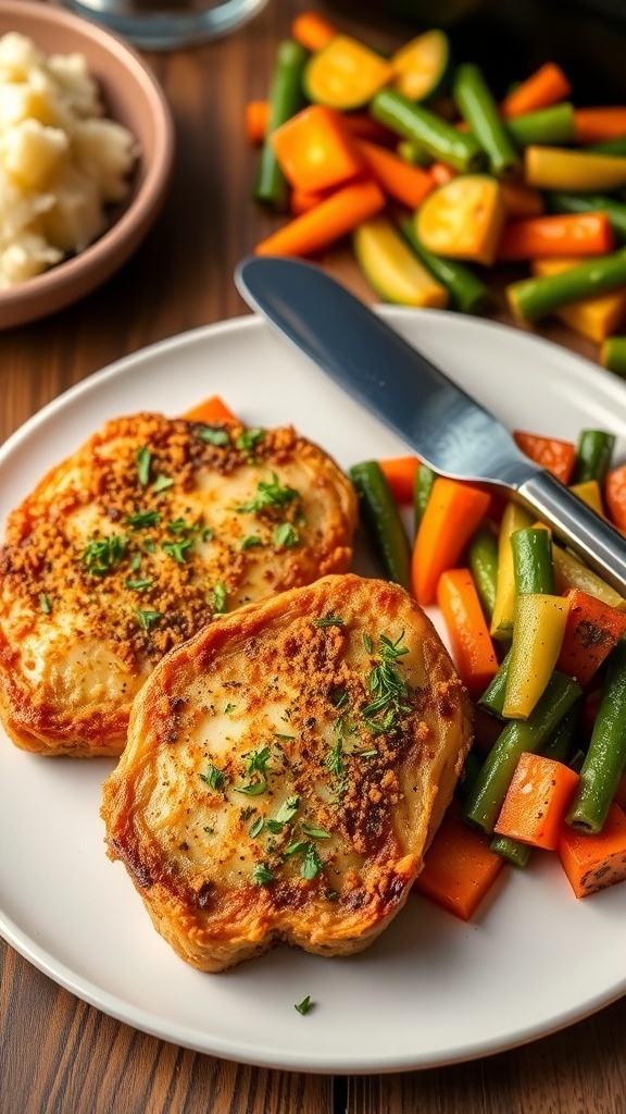 Air Fryer Boneless Shake and Bake Pork Chops Golden-brown air fryer boneless pork chops with Shake and Bake seasoning, served with vegetables and mashed potatoes.